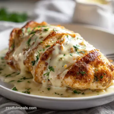 Chicken Cordon Bleu with Swiss Sauce for 4 Servings Recipe Card