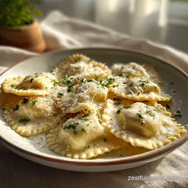 Ravioli with Alfredo in 20 Minutes - Creamy Garlic Sauce Recipe Card