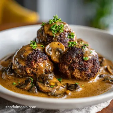 Salisbury Steak Meatballs for 5 Servings with Mushroom Gravy Recipe Card