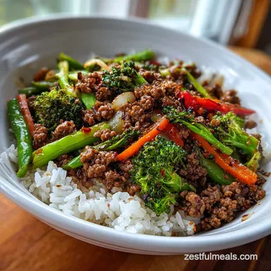 Spicy Ground Beef Stir-Fry Bowl with Garlic Veggies and Steamy Rice in 20 Minutes