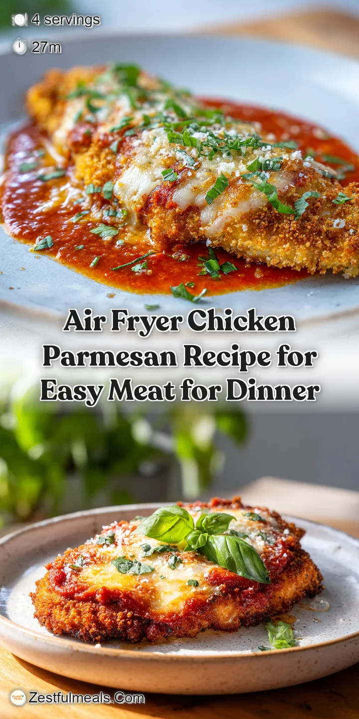 Close-up of air fryer chicken parmesan showing the crispy golden-brown crust, melted cheese pull, and rich tomato sauce.