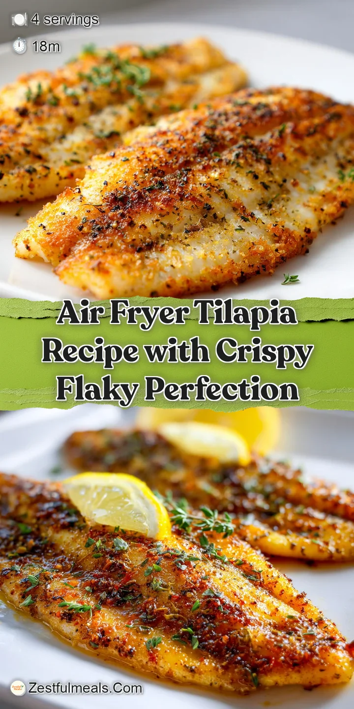Close-up captures the perfectly crisp, golden crust and moist, flaky interior of an air-fried tilapia fillet, speckled wit...