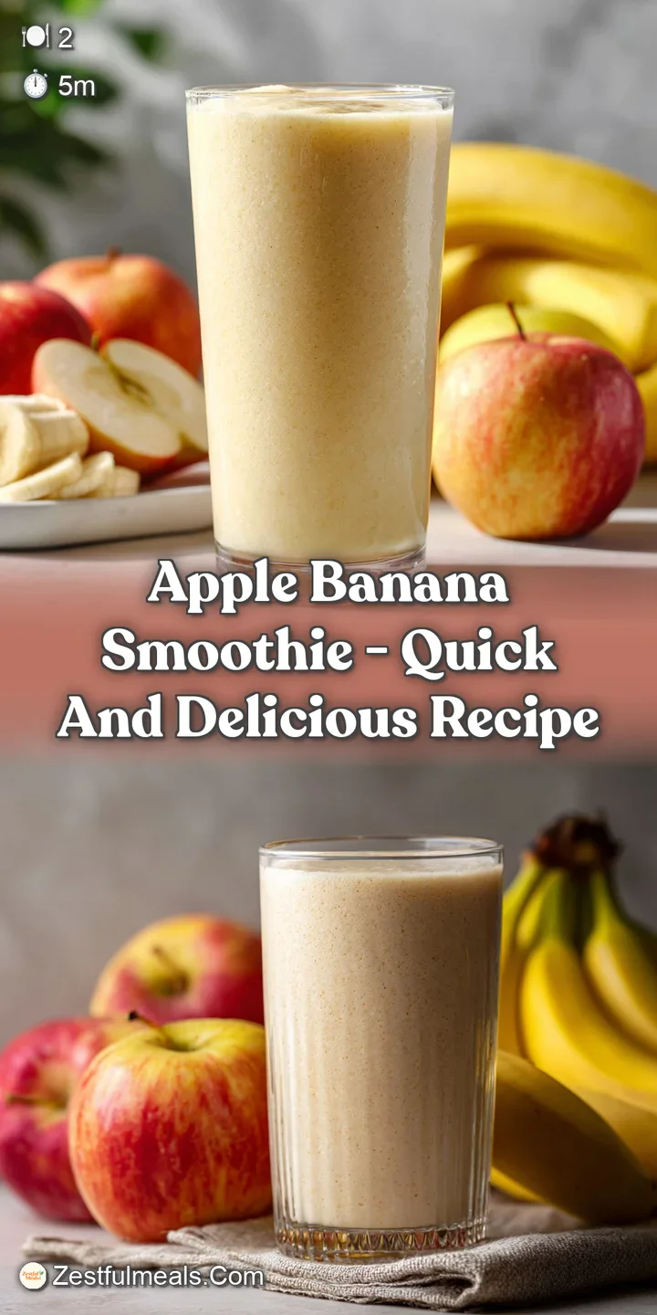 Close-up of a blended banana-apple smoothie. Swirls of creamy texture, light yellow color, with bits of fruit pulp visible.