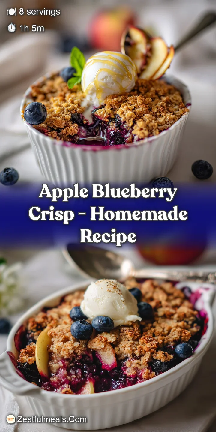 Close-up of a bubbly apple blueberry crisp, with juicy berries peeking through a crisp oat topping. Hints of steam suggest...