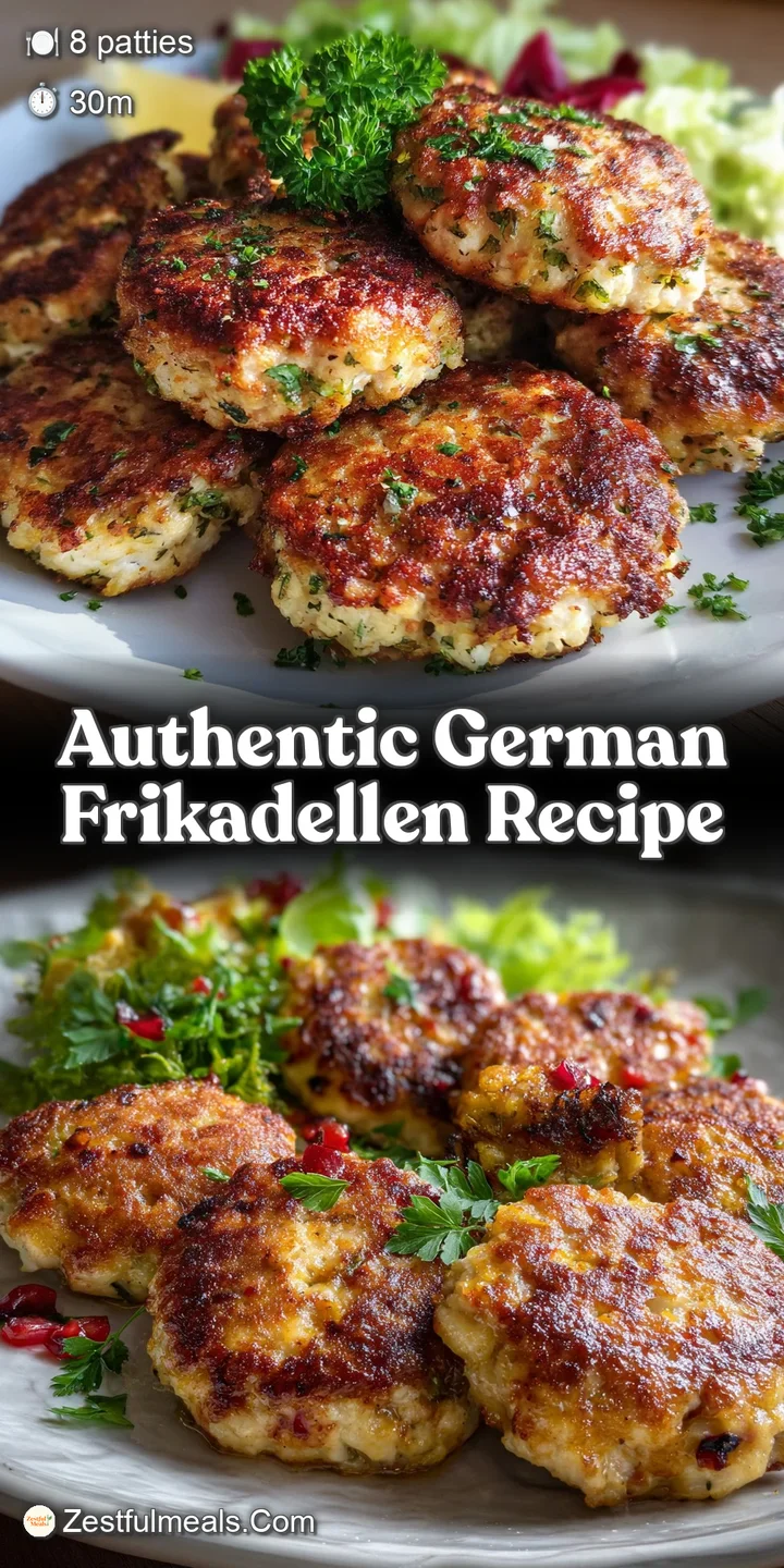 Close-up of a juicy, pan-fried Frikadelle with a slightly crisp exterior showing flecks of herbs and onions.