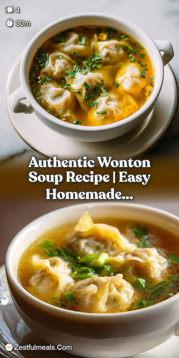 Close-up of a silky-skinned wonton dumpling, glistening in rich, aromatic broth with scattered sesame seeds.