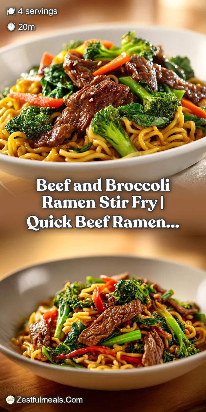 Close-up of beef and broccoli ramen: Shiny noodles coated in dark sauce, interspersed with crisp-tender broccoli and savor...