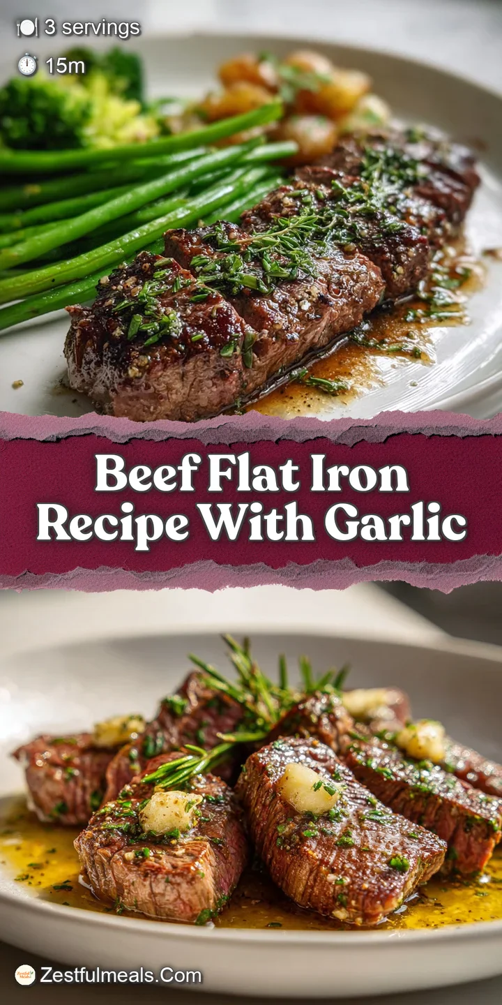 Close-up of juicy, seared beef flat iron steak; flecks of garlic and herbs create a delicious, savory texture and aroma.