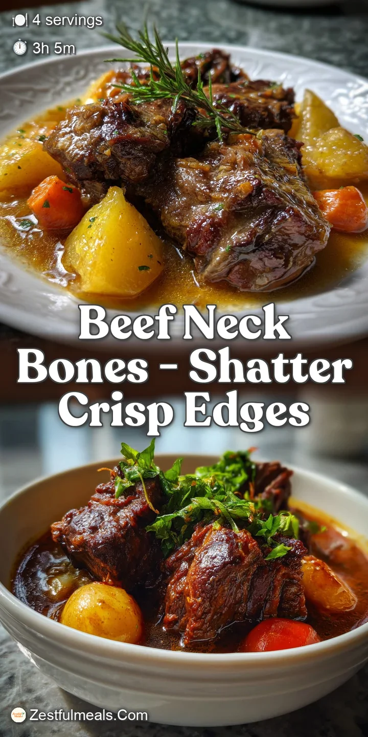 Close-up of succulent beef neck bone with glistening, mahogany-colored meat. The fork-tender texture is apparent, alongsid...