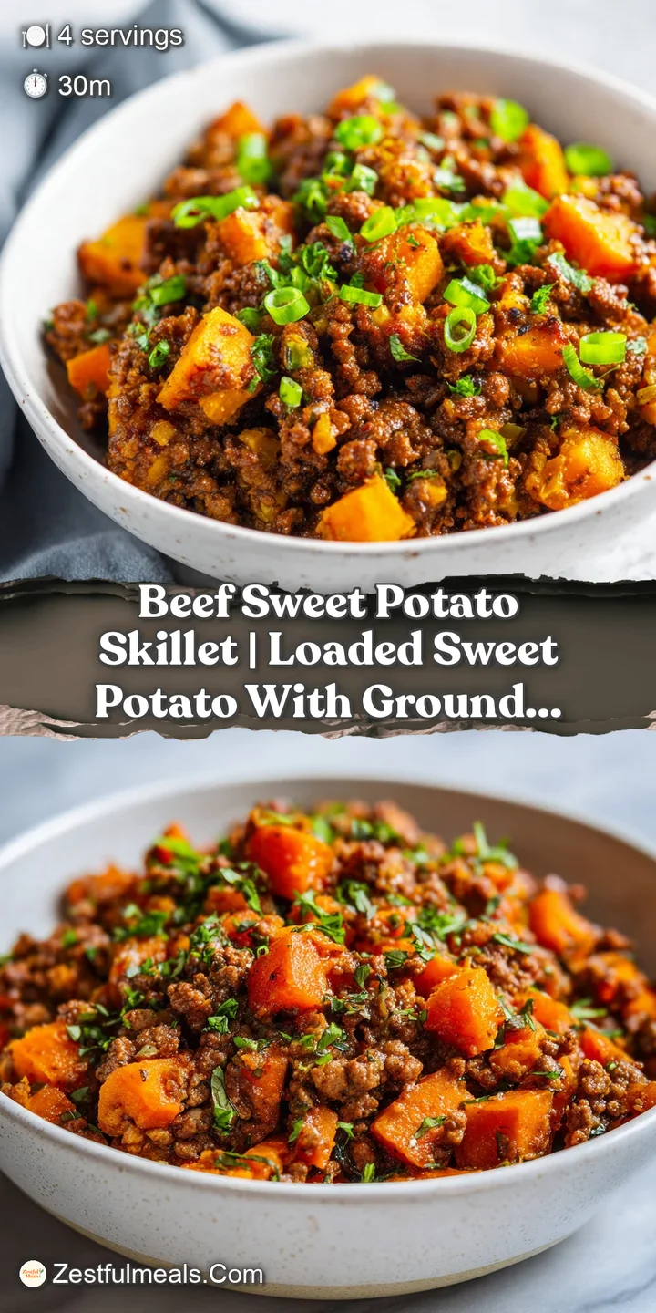 Close-up of juicy, pan-seared beef and tender sweet potato chunks, their textures highlighted in warm lighting.