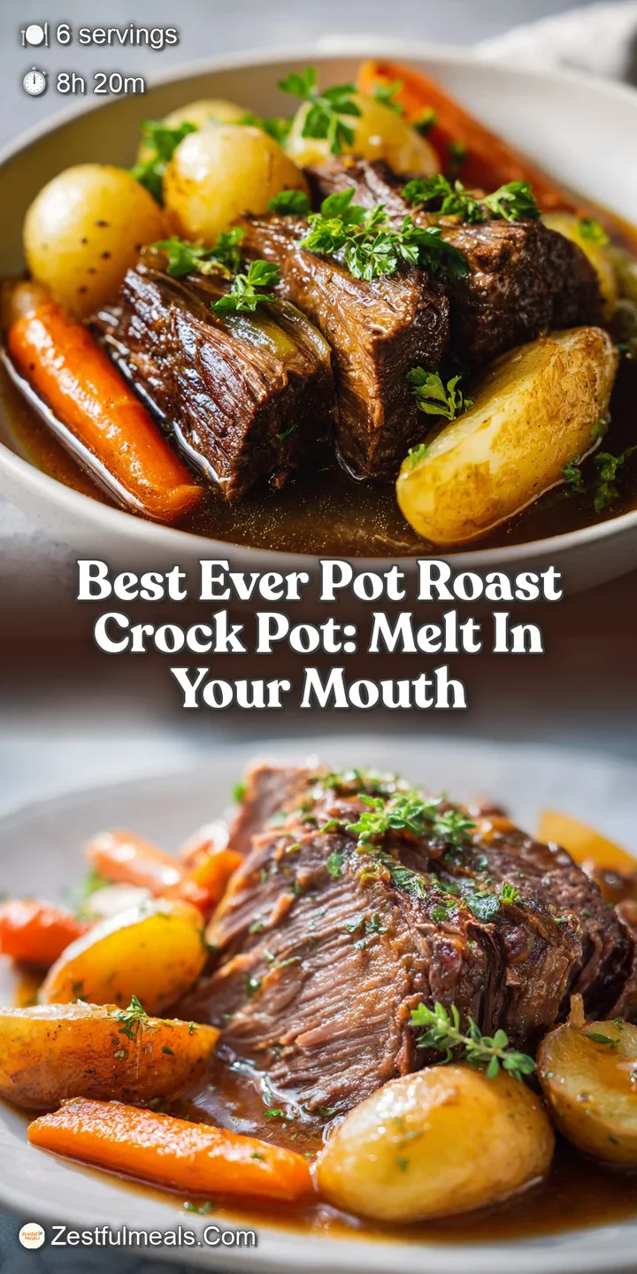 Close-up of moist, shredded pot roast bathed in a deep brown gravy, showcasing the tender texture and savory appeal.