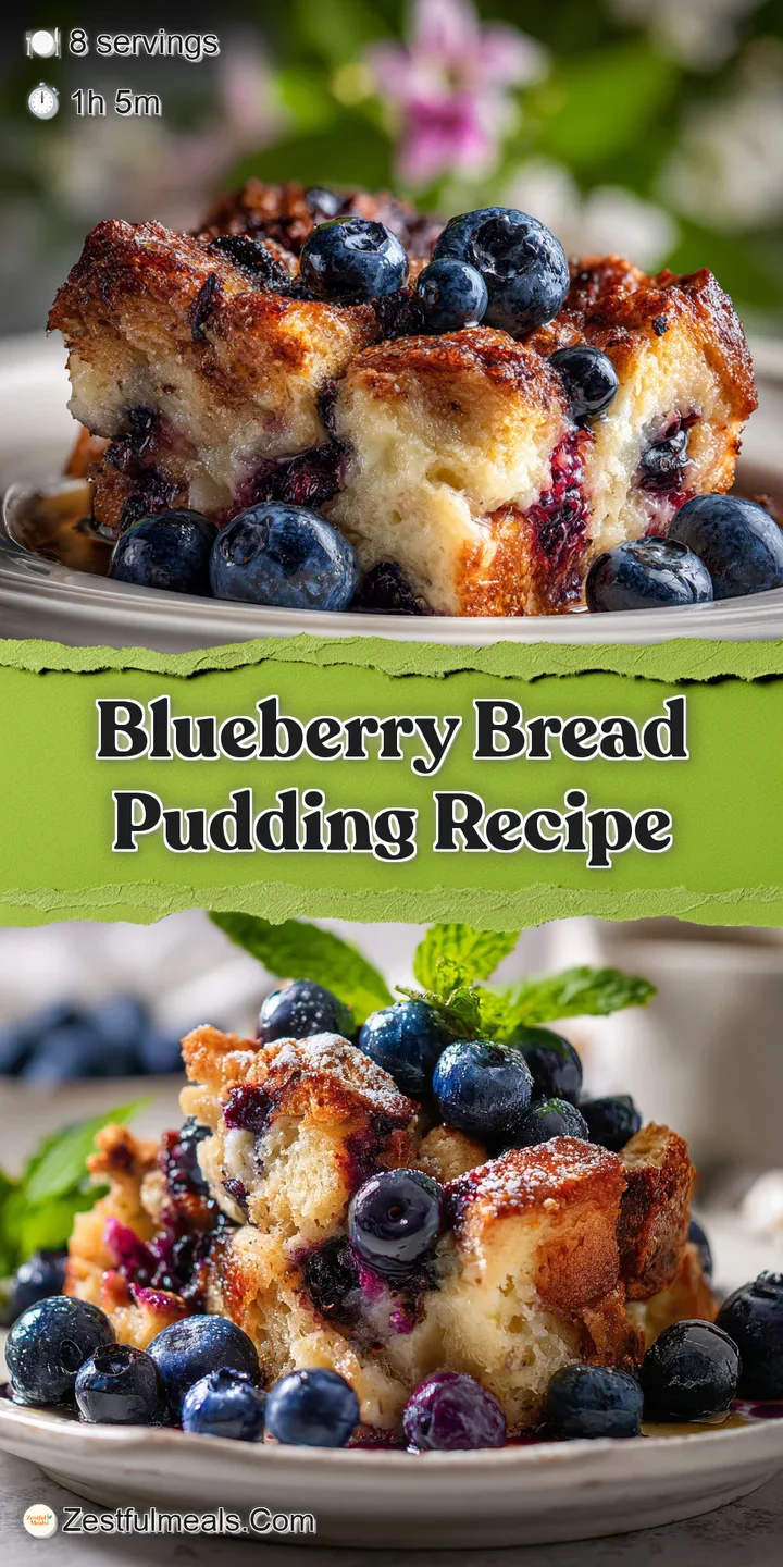 Close-up of blueberry bread pudding, showcasing moist interior with plump, burst blueberries. Hints of cinnamon and warm s...