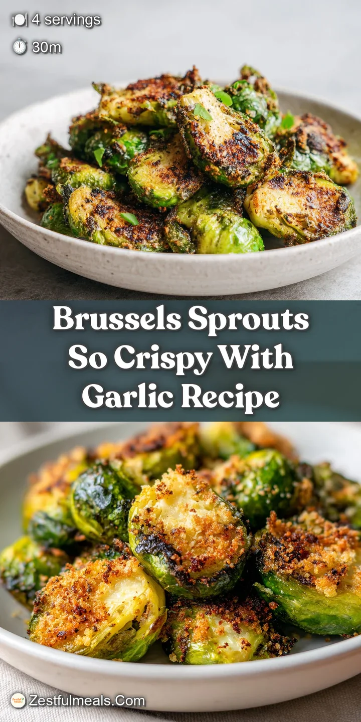 Up-close, intensely browned and crispy Brussels sprouts showcase their delightful texture, with fragrant, golden garlic ad...
