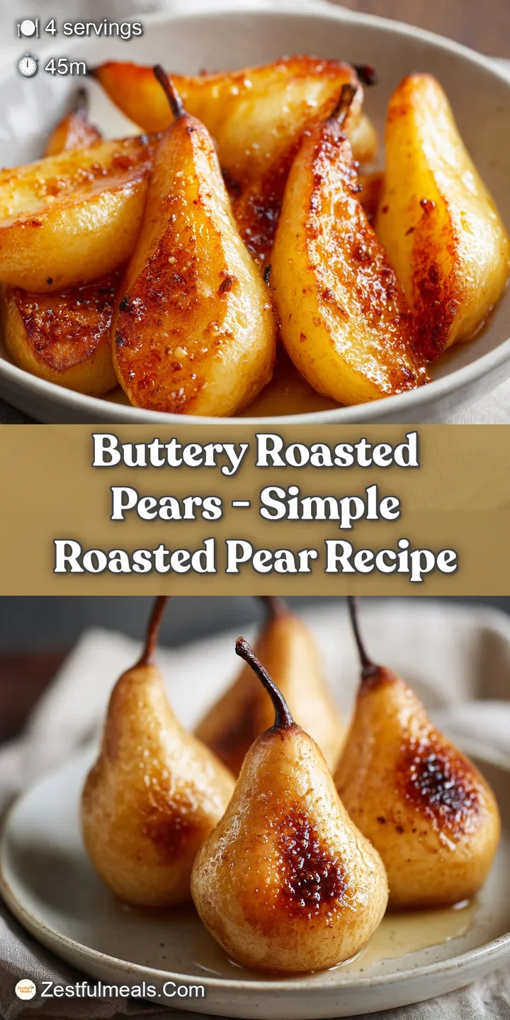 Close-up of a roasted pear half: tender, glistening flesh with slightly crisp edges and a rich, inviting butter sauce pool.