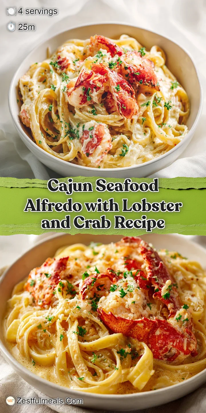 Close-up view of tender lobster and crab nestled in rich, glossy alfredo sauce. Steaming hot, inviting, and bursting with ...