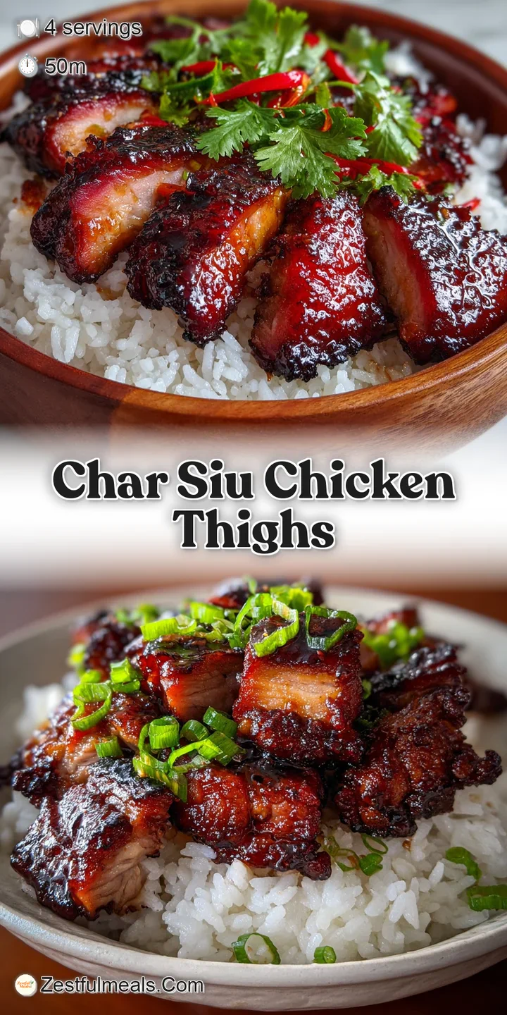 Close-up of glistening char siu chicken thigh, showcasing its caramelized, sticky surface. The skin appears richly colored...