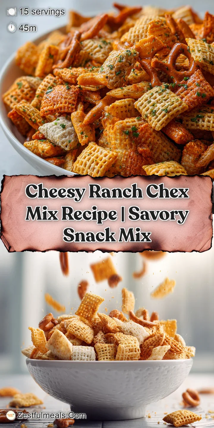 Close-up view of crispy, cheese-covered Chex mix, showcasing textures and seasoning. Ranch aroma is practically visible.