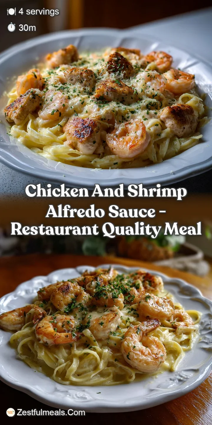 Close-up view of Alfredo sauce clinging to perfectly cooked chicken and shrimp. The rich, creamy sauce reflects light, cre...