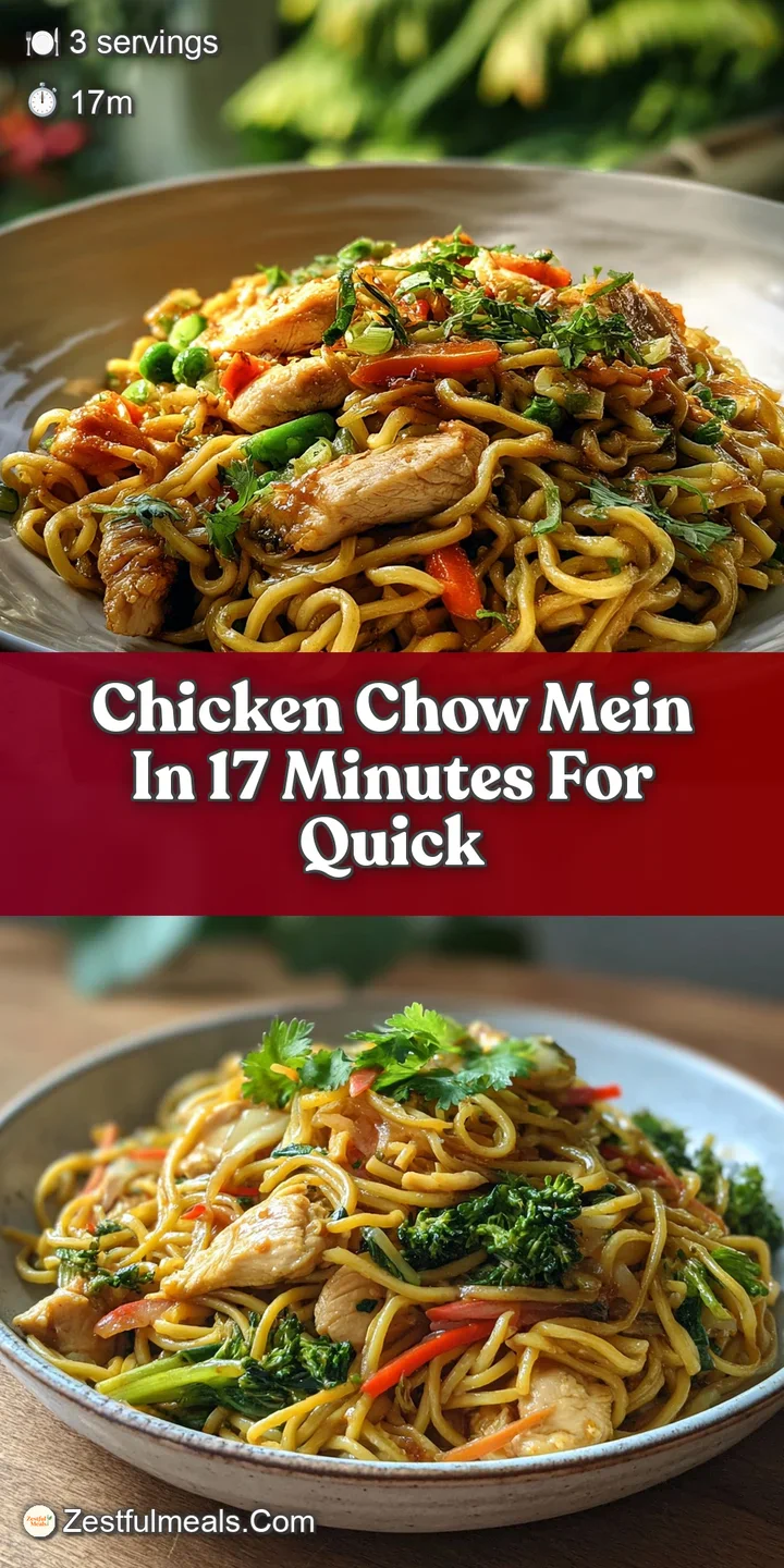 Close-up of savory chow mein: chicken and veggies coated in rich sauce, intertwined with tender, steaming noodles.