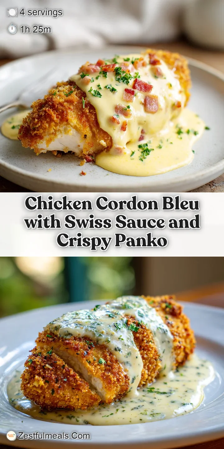 Close-up of a chicken cordon bleu oozing melted Swiss cheese. Golden-brown breading with visible flecks of herbs and spices.