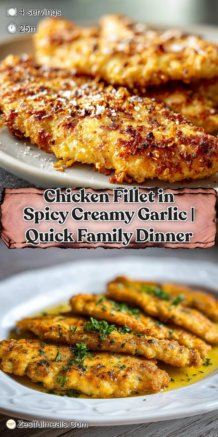 Close-up showcases succulent chicken in a glossy, creamy garlic sauce with bright herbs and chili flakes, promising a flav...