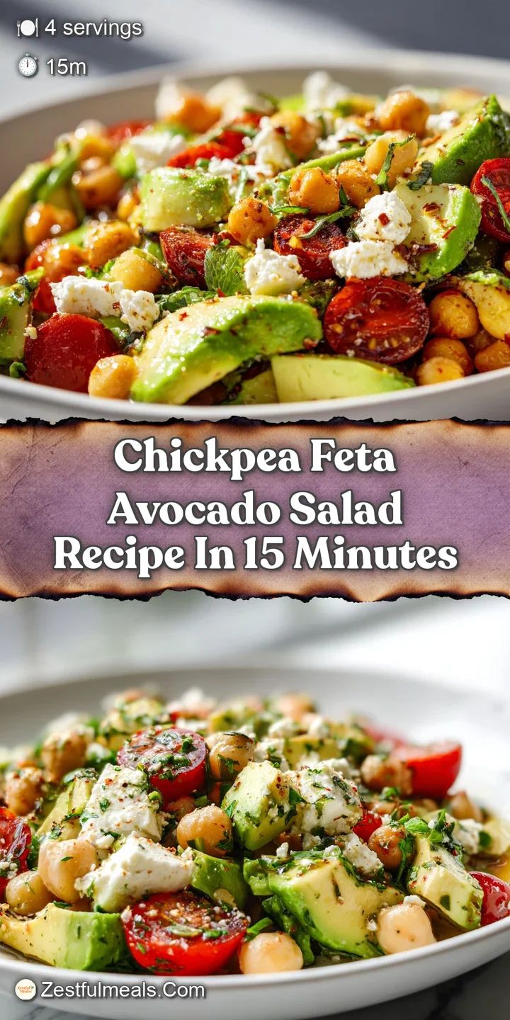 Close-up of chickpea salad showing creamy avocado, salty feta, herbs, and balsamic. A healthy, appetizing salad.