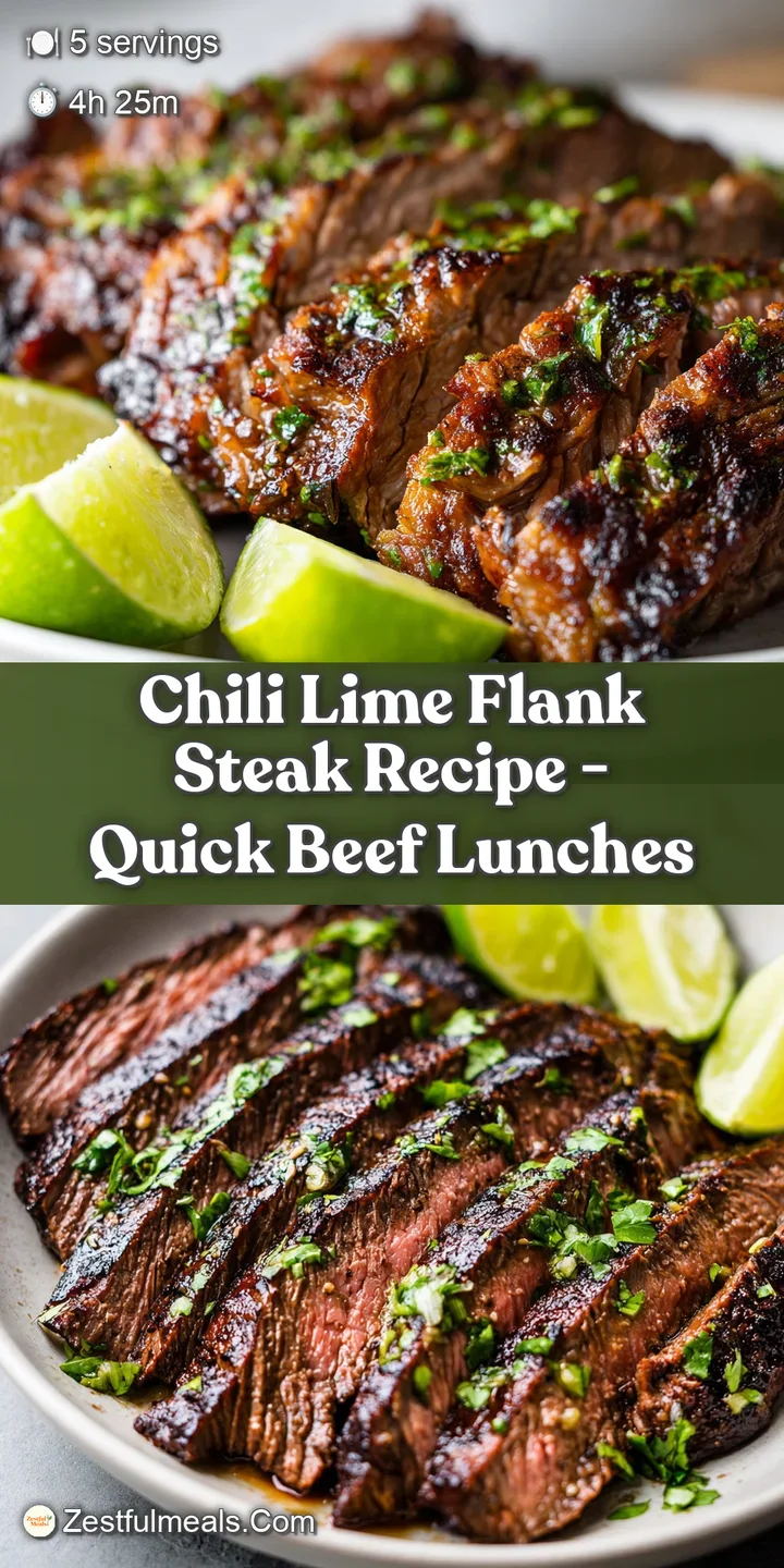 Juicy, chili-lime marinated flank steak close-up. Notice the caramelized crust and vibrant green cilantro.