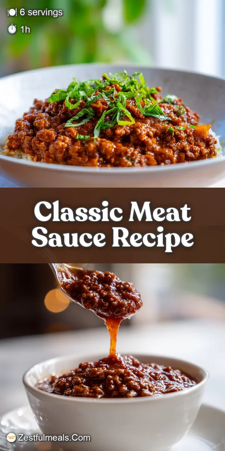 Close-up capturing the thick, luscious texture of the meat sauce, with bits of browned meat and herbs suspended in the sauce.