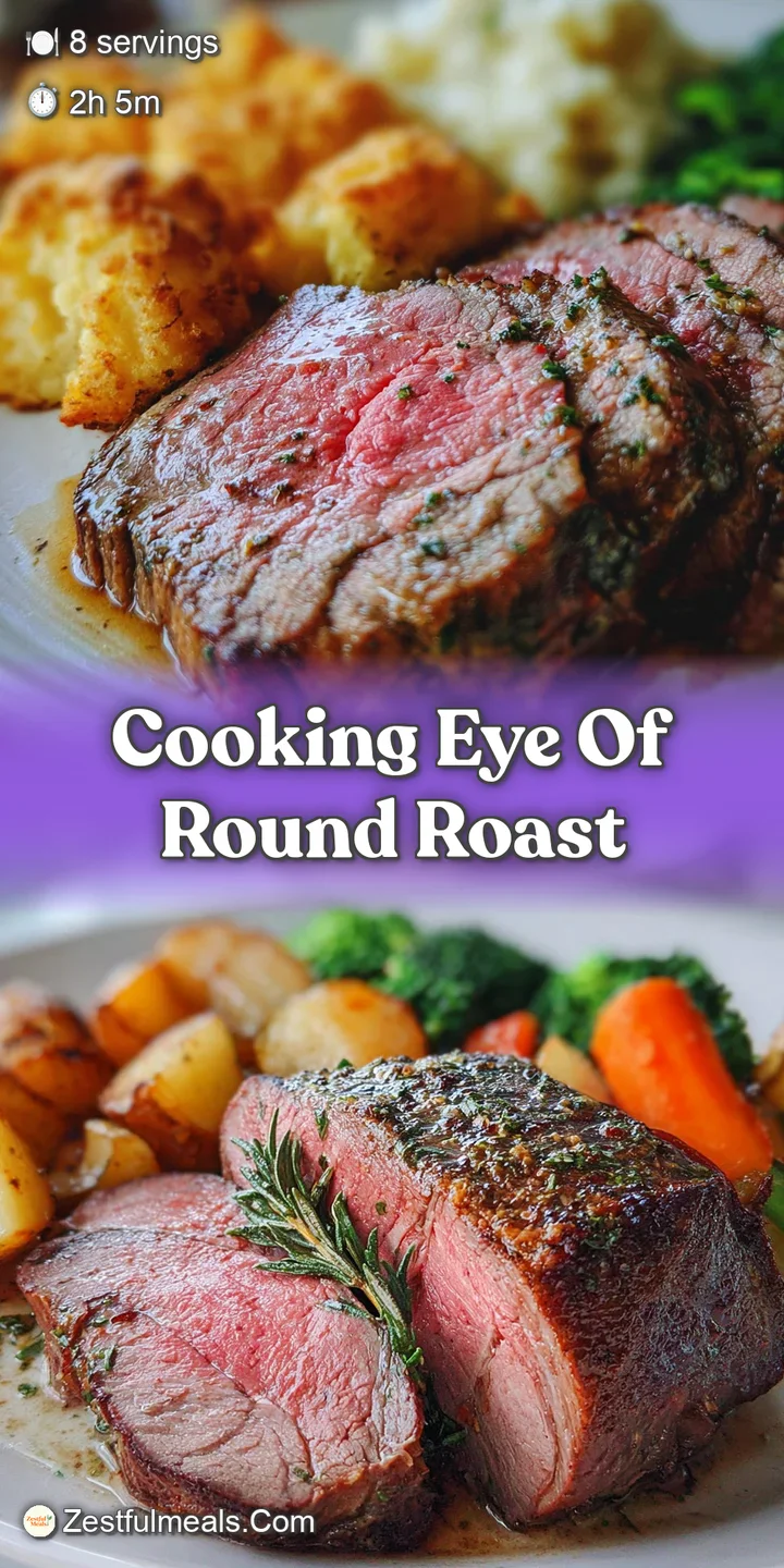 Close-up of a perfectly cooked eye of round roast, showing the mouthwatering sear and rosy, tender interior.