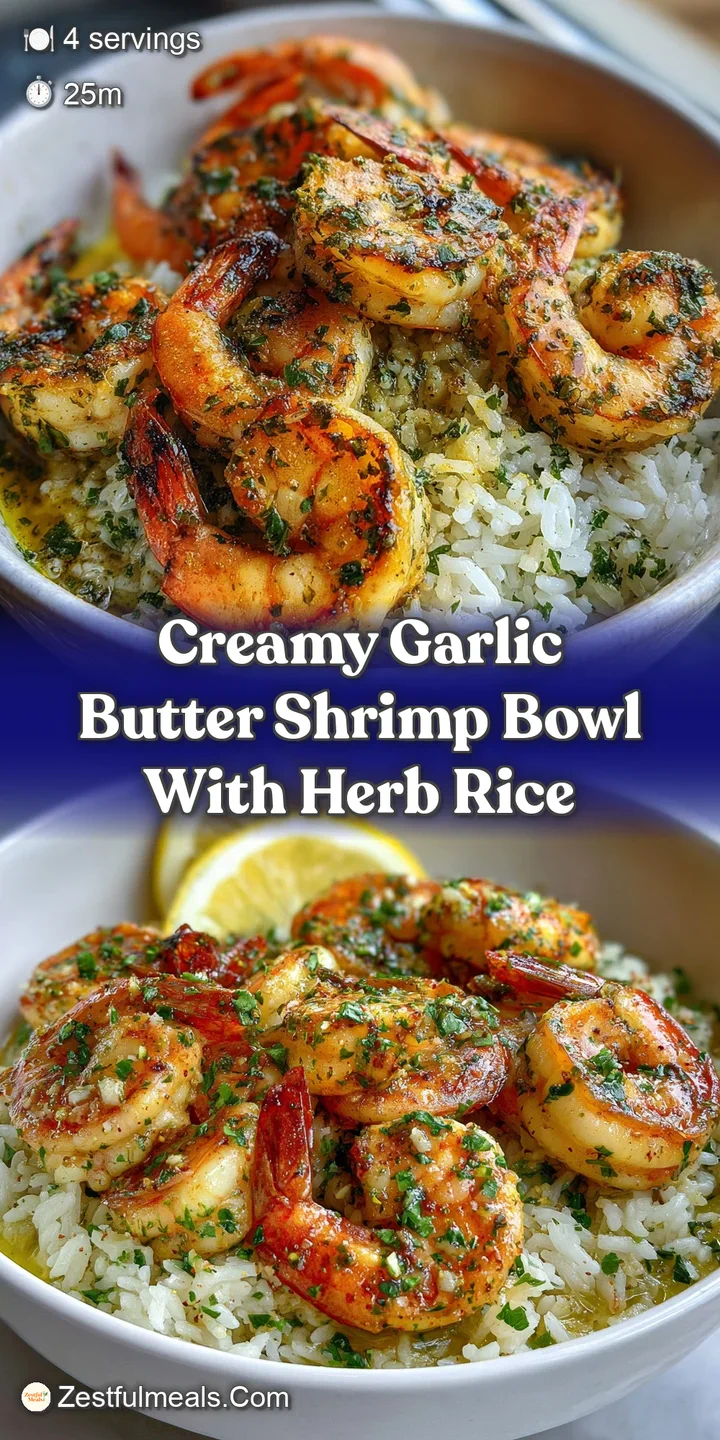 Close-up view of juicy shrimp coated in a rich, glistening garlic butter sauce, nestled on a bed of fluffy, green-speckled...