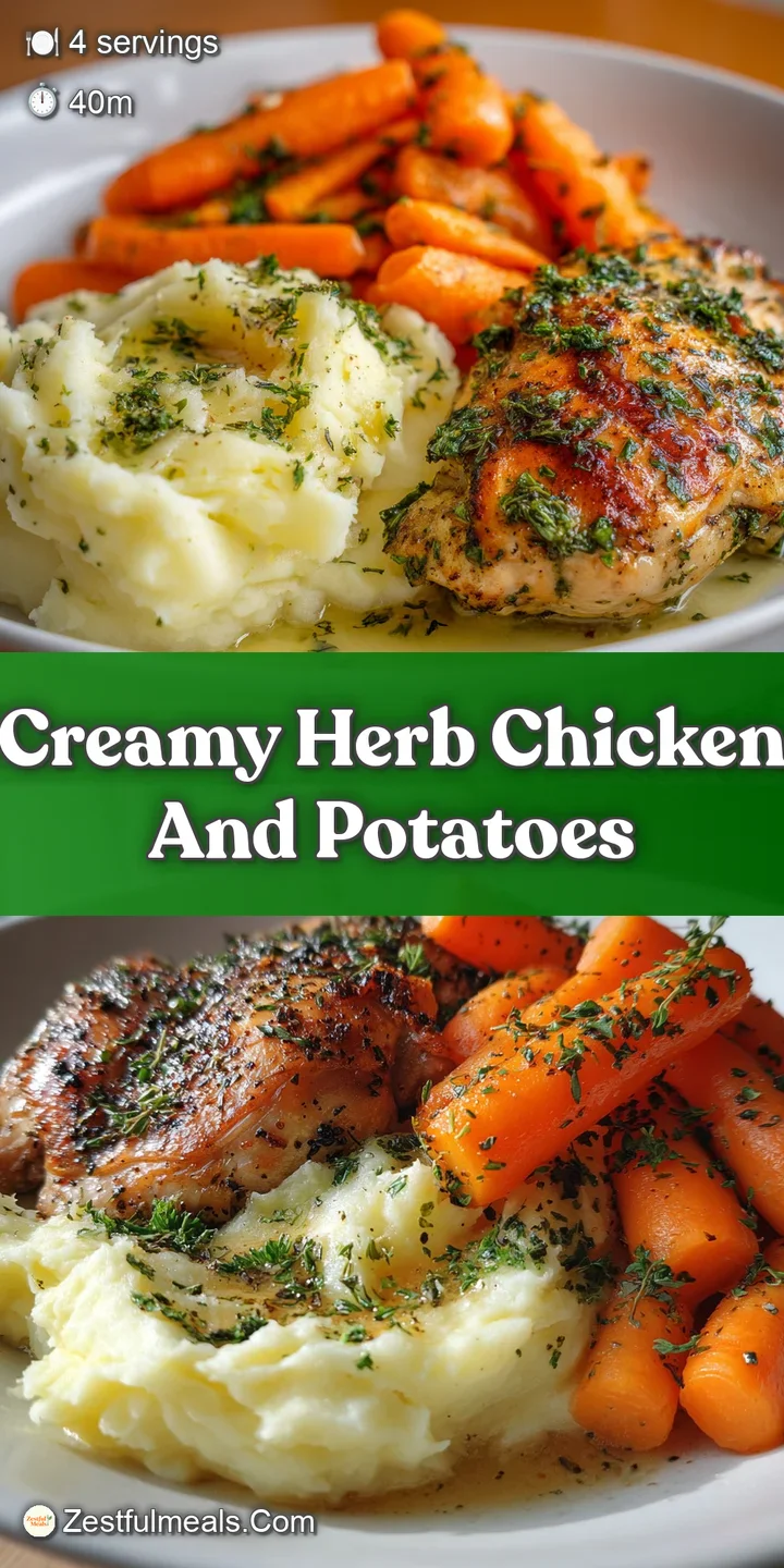Close-up: succulent chicken coated in rich cream sauce, interspersed with potatoes, and flecks of fresh green herbs.