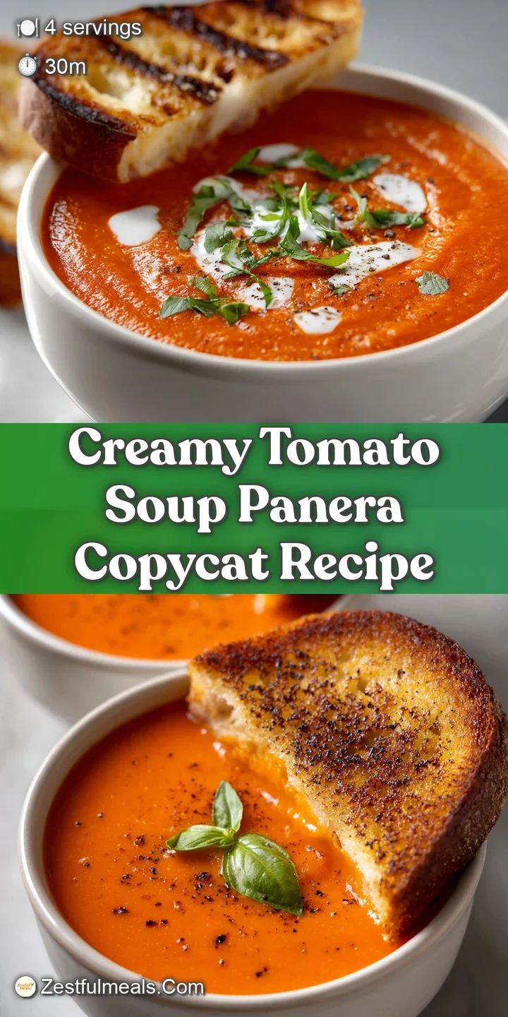 Close-up reveals the rich, velvety texture of tomato soup, garnished with vibrant green basil leaves and a swirl of creamy...