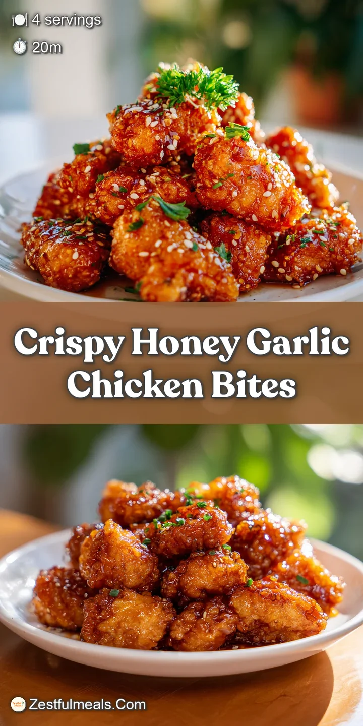 Close-up of juicy, caramelized chicken bites coated in a sticky, honey-garlic sauce, sprinkled with toasted sesame seeds a...