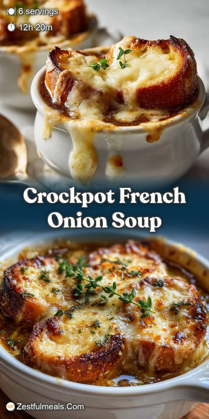 Close-up of bubbling Gruy&egrave;re cheese, browned to perfection, blanketing a thick slice of bread in a rich, flavorful French ...