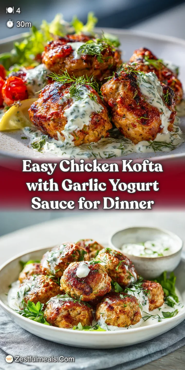 Close-up captures the juicy texture of the chicken kofta, glistening garlic yogurt sauce, and fresh green herbs. Warm, inv...