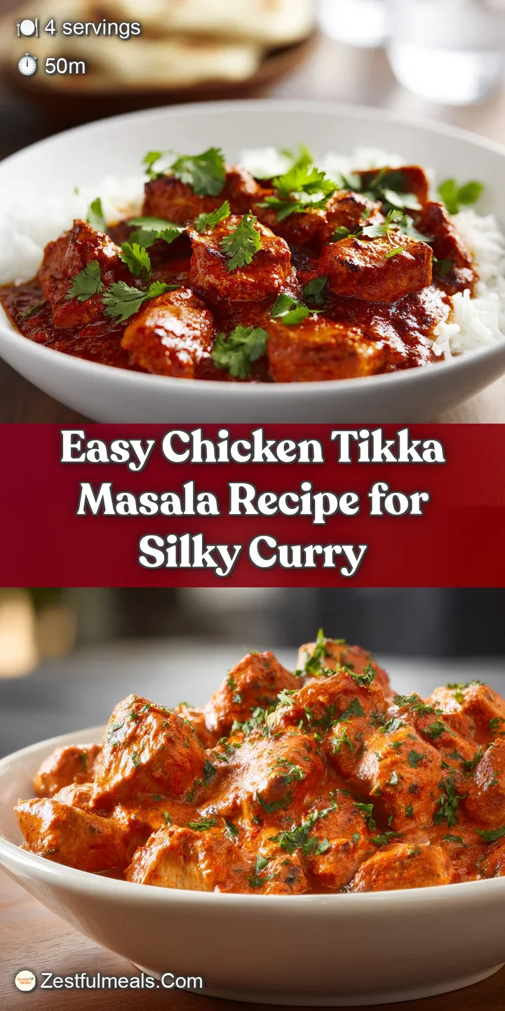 Close-up: Tender chicken in a rich, creamy, orange Tikka Masala sauce. Glistening with spices, garnished with fresh, green...