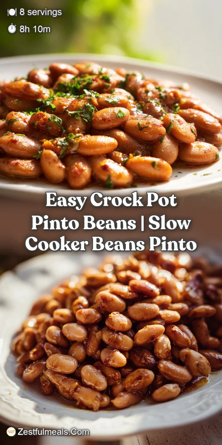 Close-up of tender, plump pinto beans glistening in their savory broth. Muted browns and tans create a warm, comforting feel.