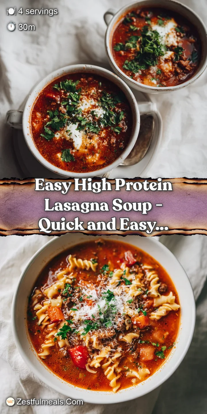 Close-up of bubbling lasagna soup, showing gooey cheese pulls and savory ground meat pieces.
