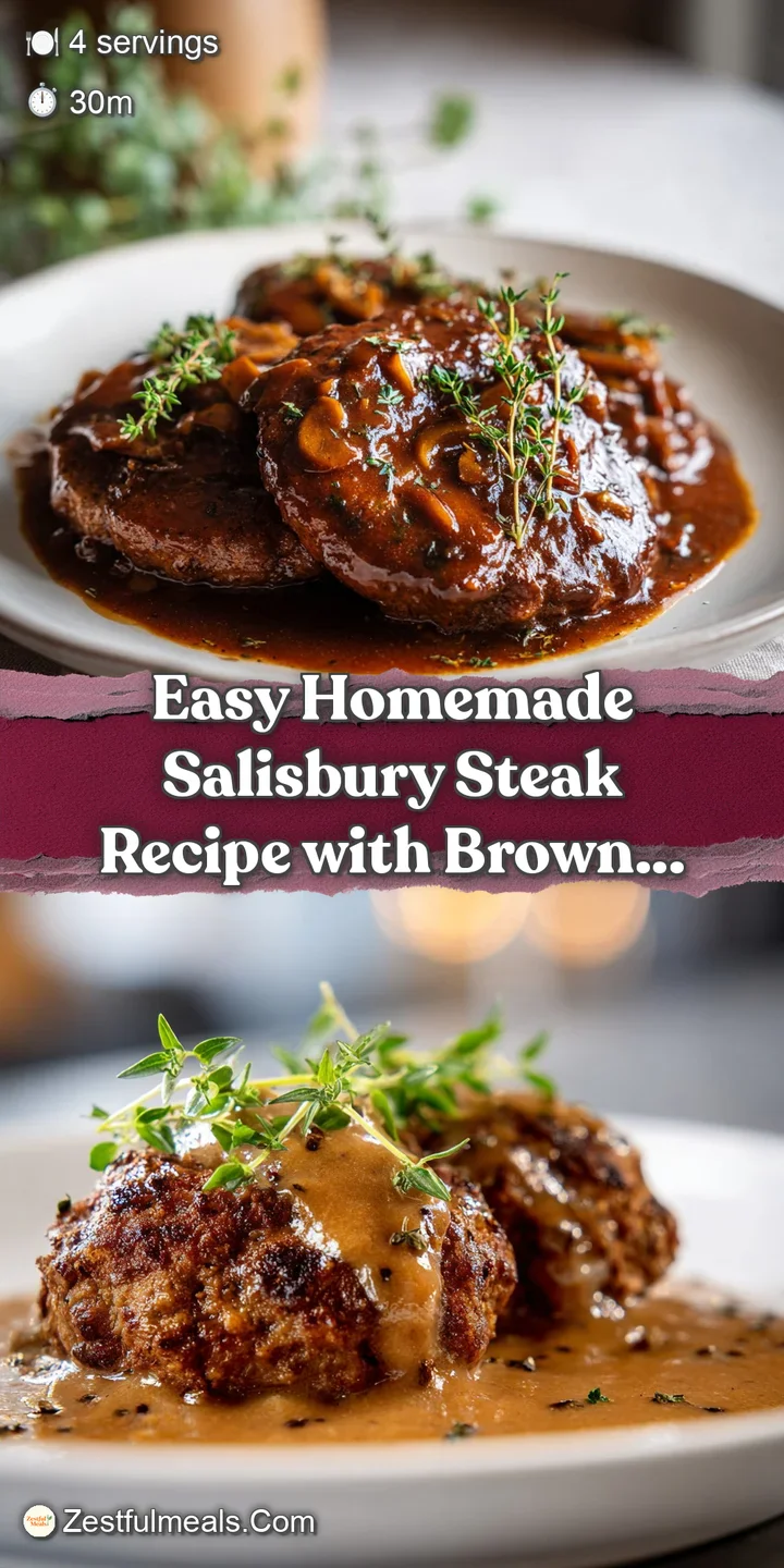 Juicy Salisbury steak smothered in savory brown gravy, showcasing its tender texture and caramelized edges in an enticing ...