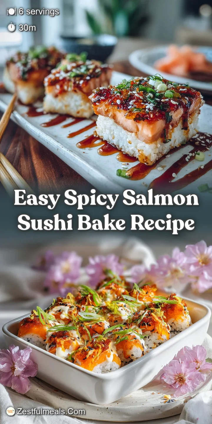 Close-up of the spicy salmon bake, highlighting the flaky salmon, creamy sauce, and the toasted rice crust, promising a fl...