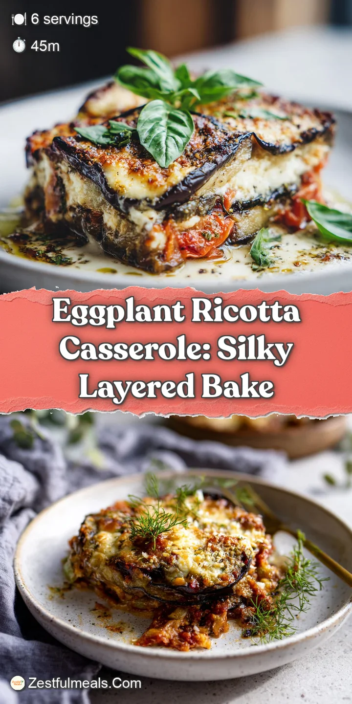 Close-up shows the creamy, cheesy texture of a warm eggplant casserole, with browned edges and fresh basil.