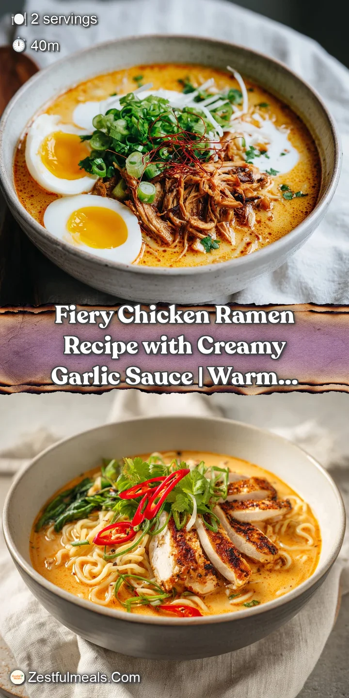 Close-up of chicken ramen, focusing on the glistening, saucy noodles, spicy chicken, and enticing swirls of creamy garlic ...