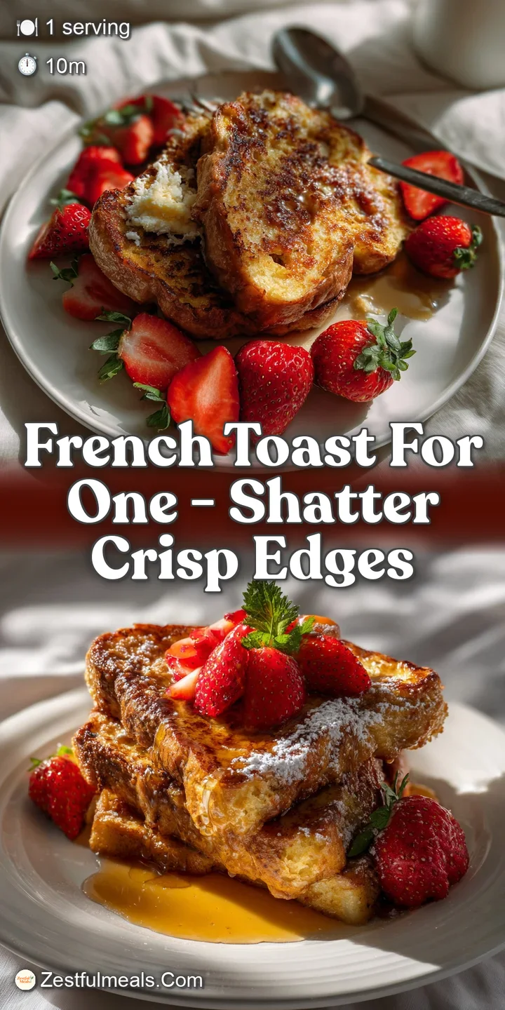 Close-up of perfectly cooked French toast: golden, crispy edges contrast with a soft, custard-soaked interior, a few juicy...