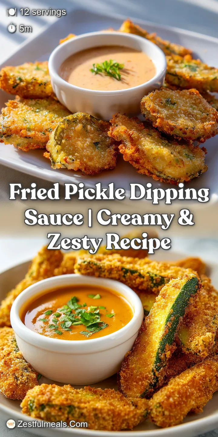 Close-up showcasing the dipping sauce's creamy, glossy texture with visible flecks, and a fried pickle's crunchy, irregula...