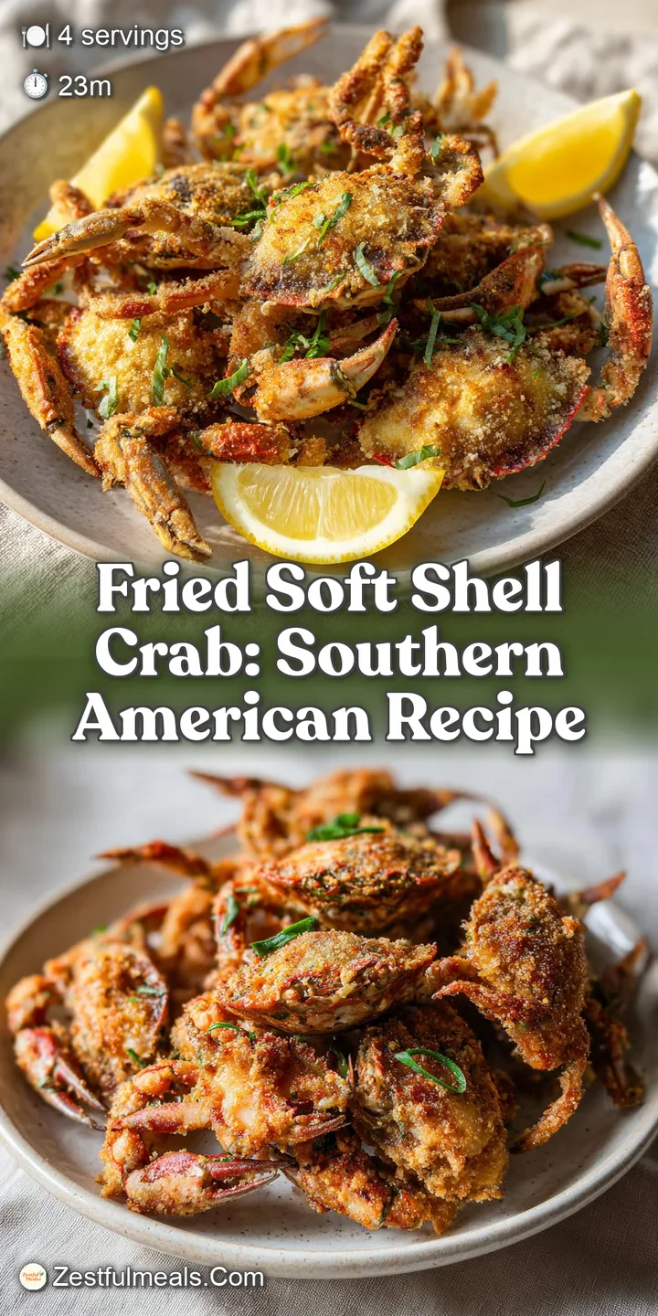 Up-close, golden fried soft shell crab with visible crispy texture; enticing seafood elevated by lemon.