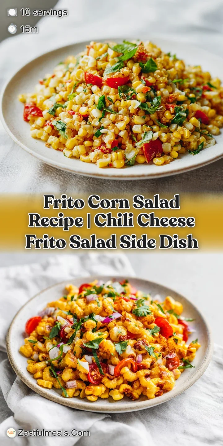Close-up of creamy corn salad with visible Frito chips and vibrant diced red bell peppers.