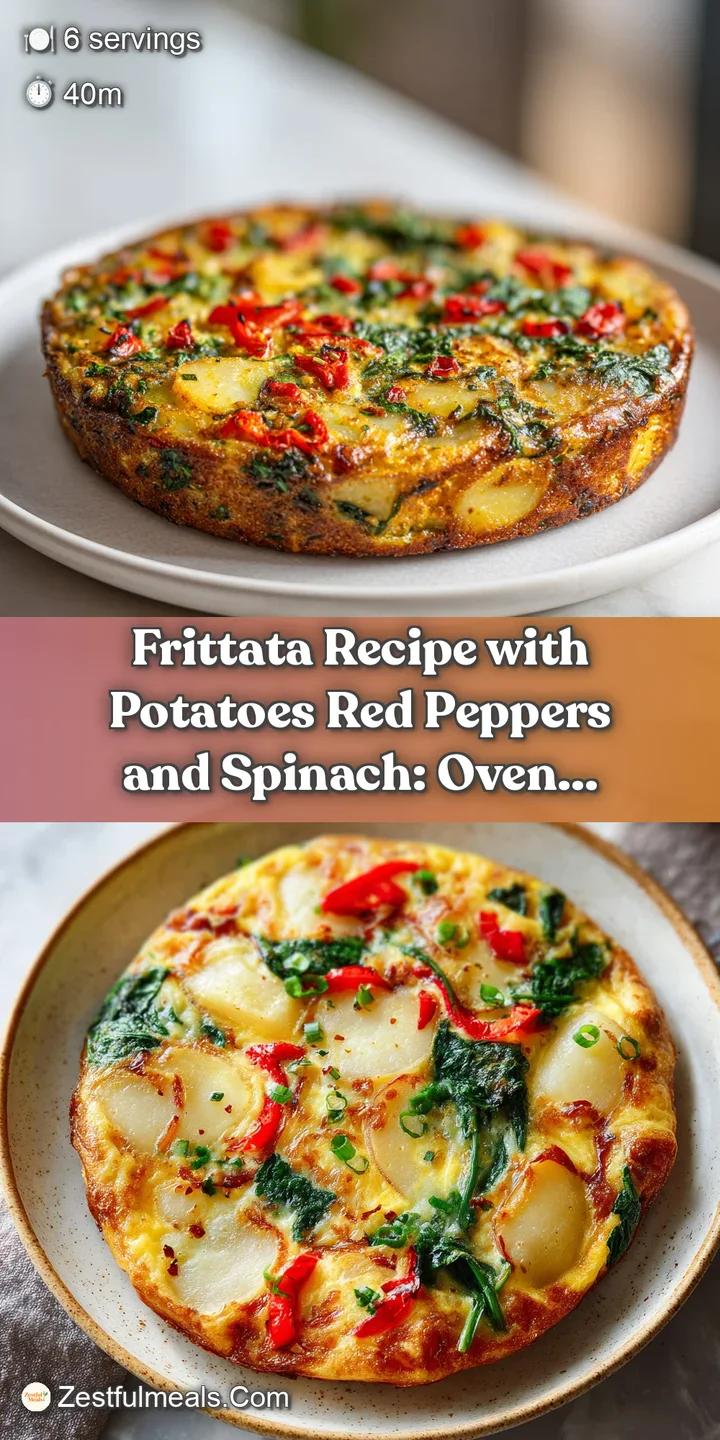 Close-up of warm, baked frittata with visible spinach, potatoes, and red peppers, showing a slightly blistered crust.