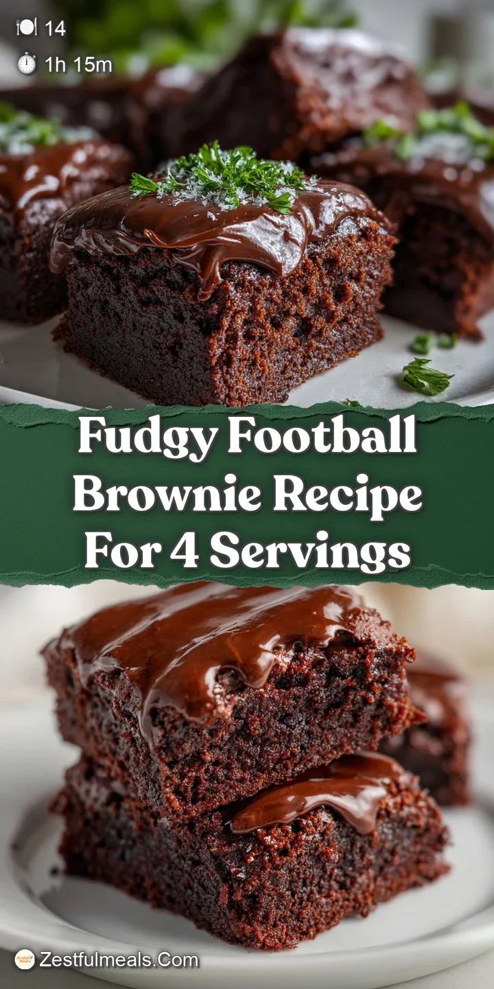 Close-up of a moist, dark chocolate football brownie with a shiny, crackled surface and piped white icing detail. Ultra-fu...
