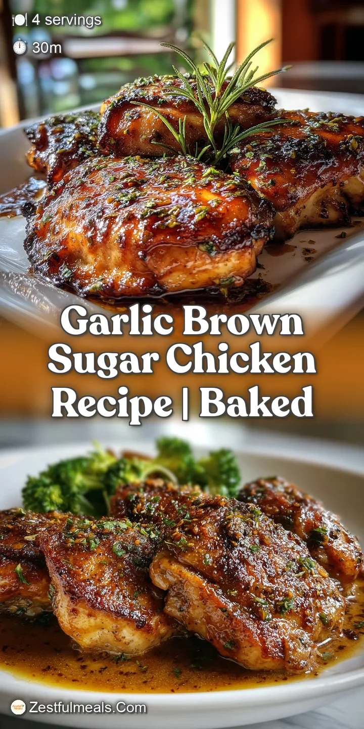 Close-up of tender baked chicken, the sticky-sweet glaze creating a mouthwatering sheen, garlic chunks visible within the ...