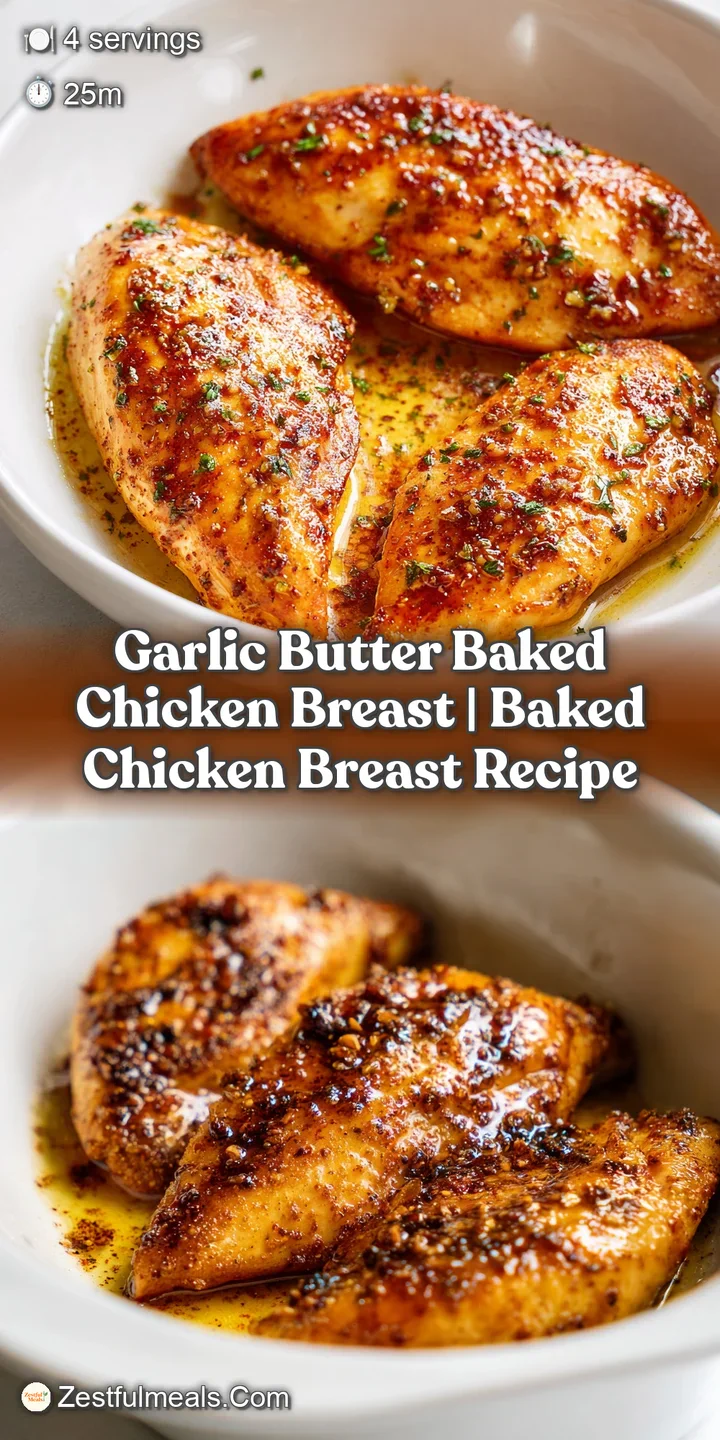 Close-up of a juicy chicken breast showing crispy golden skin and bits of toasted garlic in a pool of melted butter.